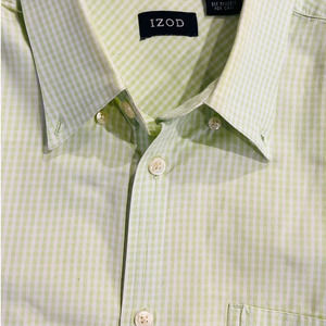 IZOD Gingham Checker Short Sleeve Button-down Shirt 100% Cotton Green White L